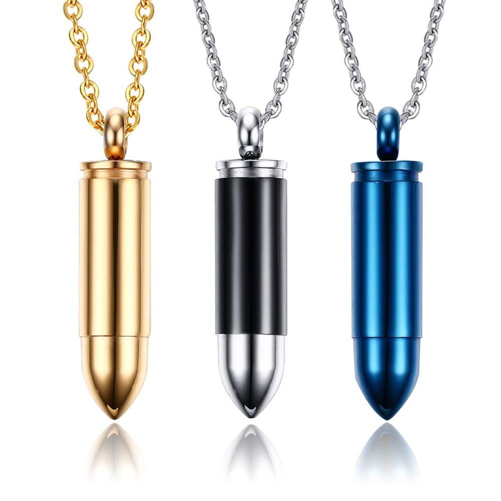 3PCS Stainless Steel Bullet Pendant Locket Pendant Necklace,Urn Ashes Holder,Can Be Open,Black,Gold,Blue