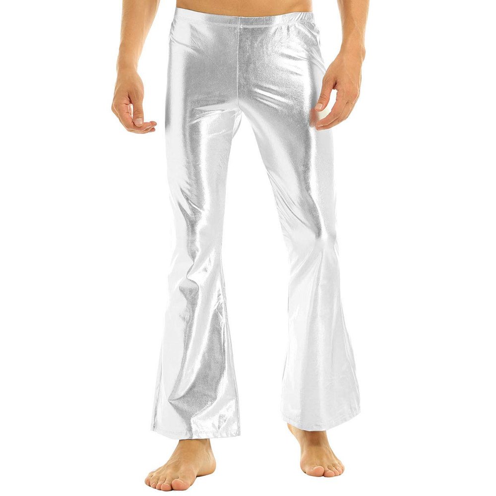 ACSUSS Men's Shiny Metallic PVC Leather Retro 70's 80's Disco Bell Bottoms Long Pants Silver X-Large