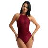 ACSUSS Womens Sleeveless Halter Neck Sequin Mesh Ballet Dance Leotard Bodysuit Burgundy Large view 1