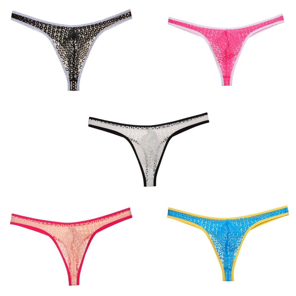 5-Pack Men's Hollow Thong Lace Male Bound T-Back Jacquard Underwear G-String Nightwear X-Large