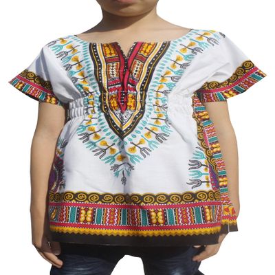 RaanPahMuang Childs African Dashiki Festival Bright Cotton Open Collar Shirt, Medium, New White Pink