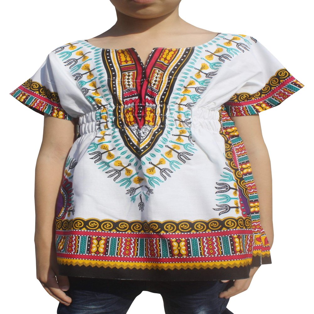RaanPahMuang Childs African Dashiki Festival Bright Cotton Open Collar Shirt, Medium, New White Pink