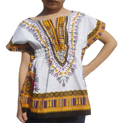 RaanPahMuang Childs African Dashiki Festival Bright Cotton Open Collar Shirt, Small, New White Yellow