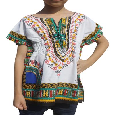 RaanPahMuang Childs African Dashiki Festival Bright Cotton Open Collar Shirt, Small, New White Sea Green