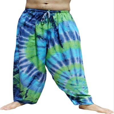 Full Funk Wide Breezy Leg Rayon Tie Dyed Elastic Waist Thin Summer Pants, X-Large, Green Blue