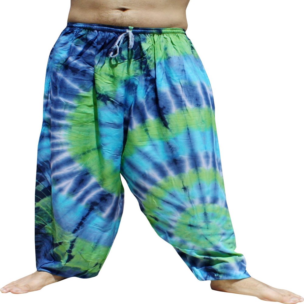 Full Funk Wide Breezy Leg Rayon Tie Dyed Elastic Waist Thin Summer Pants, X-Large, Green Blue