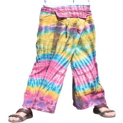 RaanPahMuang Mixed Cotton Fisherman Thai Wrap Pants Colorfully Hand Tie Dyed, Medium, Base Cotton - Buff Yellow