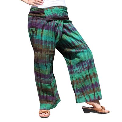 RaanPahMuang Mixed Cotton Fisherman Thai Wrap Pants Colorfully Hand Tie Dyed, Small, Thin Cotton - Sea Green