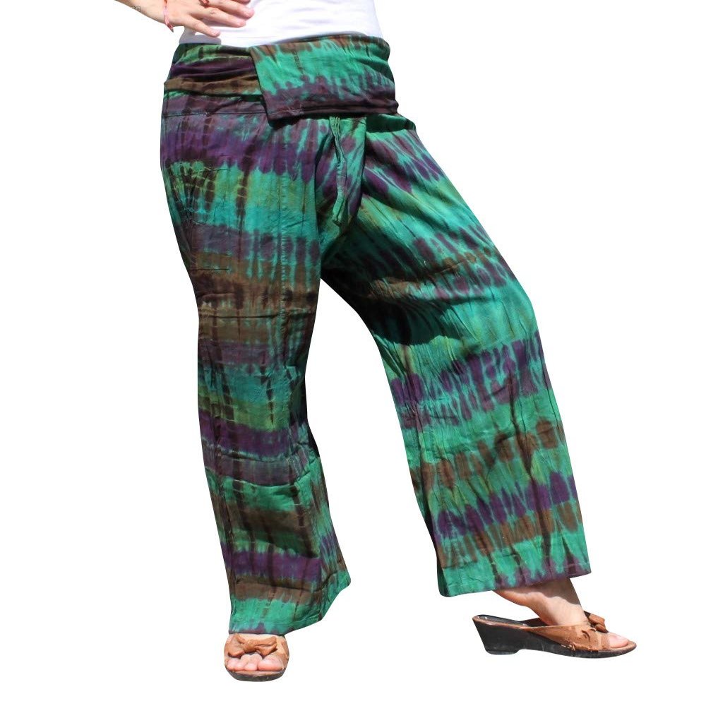 RaanPahMuang Mixed Cotton Fisherman Thai Wrap Pants Colorfully Hand Tie Dyed, Small, Thin Cotton - Sea Green