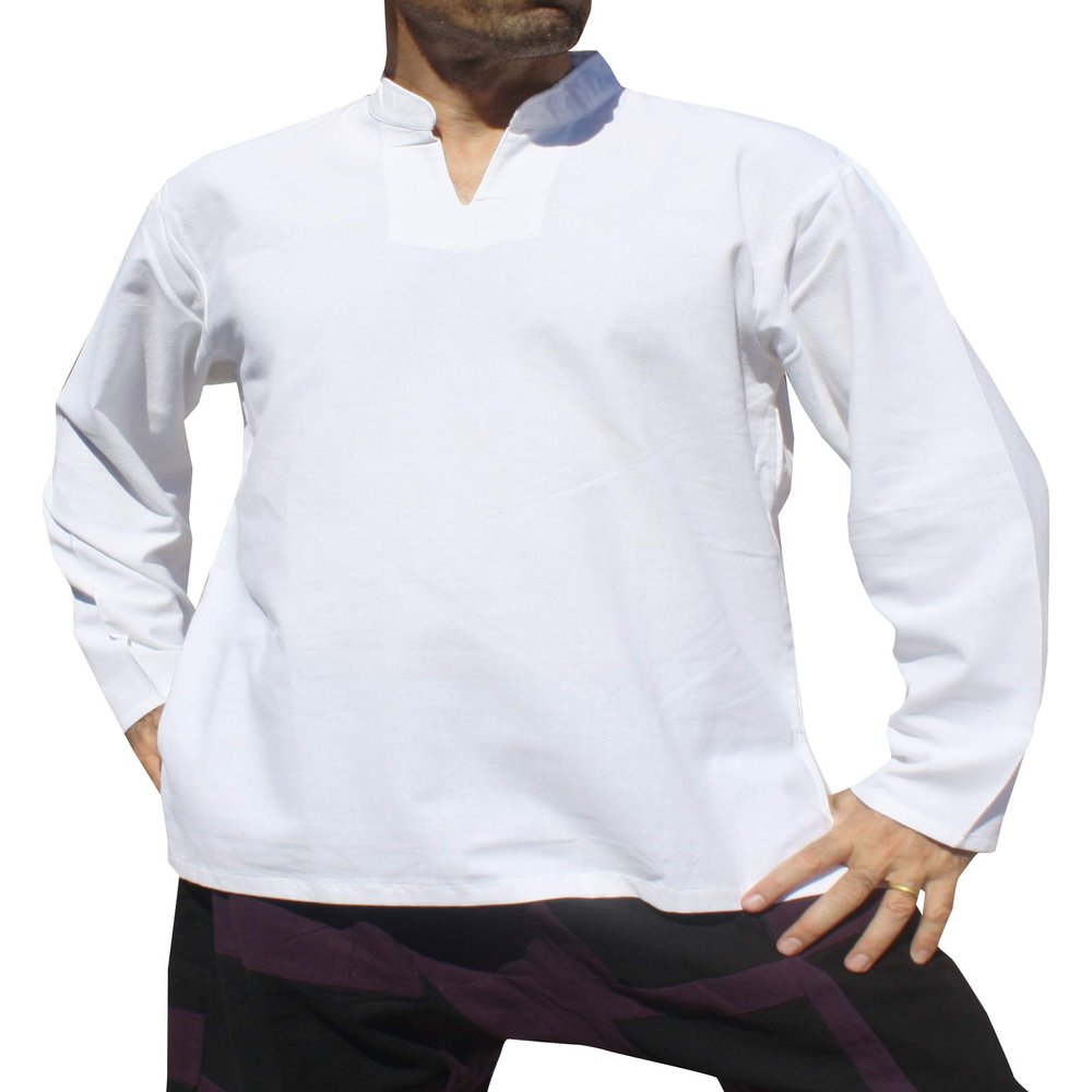 RaanPahMuang Soft Summer Textured Cotton Chinese Collar Long Sleeve Shirt, 3X-Large, White