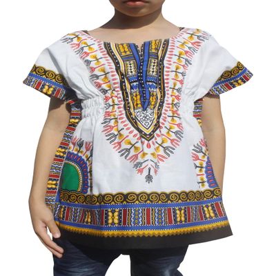 RaanPahMuang Childs African Dashiki Festival Bright Cotton Open Collar Shirt, Medium, New White Dark Blue