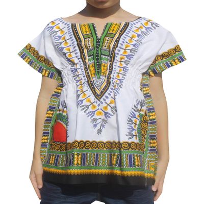 RaanPahMuang Childs African Dashiki Festival Bright Cotton Open Collar Shirt, Medium, New White Olive Green
