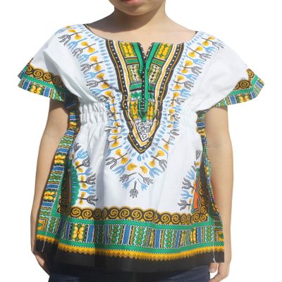 RaanPahMuang Childs African Dashiki Festival Bright Cotton Open Collar Shirt, Medium, New White Green