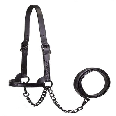 Derby Originals Black Midnight All Black Premium Flat Fancy Stitch Leather Cattle Show Halter with Matching Chain Lead