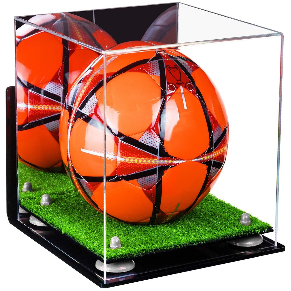 Better Display Cases Acrylic Display Case for Collectibles, Full Size Soccer Ball Display Case, White Risers & Turf Base,WM, Handcrafted Showcase Box.DIM;9.75" L x 9.75" W x 9.75" H. (A027-WR)