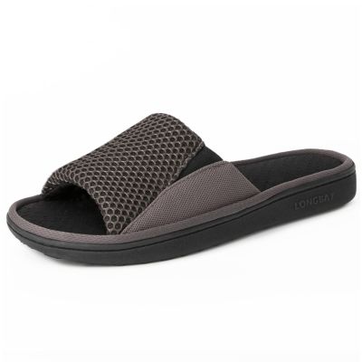 LongBay Men's Comfy Memory Foam Slide Slippers Breathable Mesh Cloth House Shoes (Small / 7-8 D(M) US, Gray)