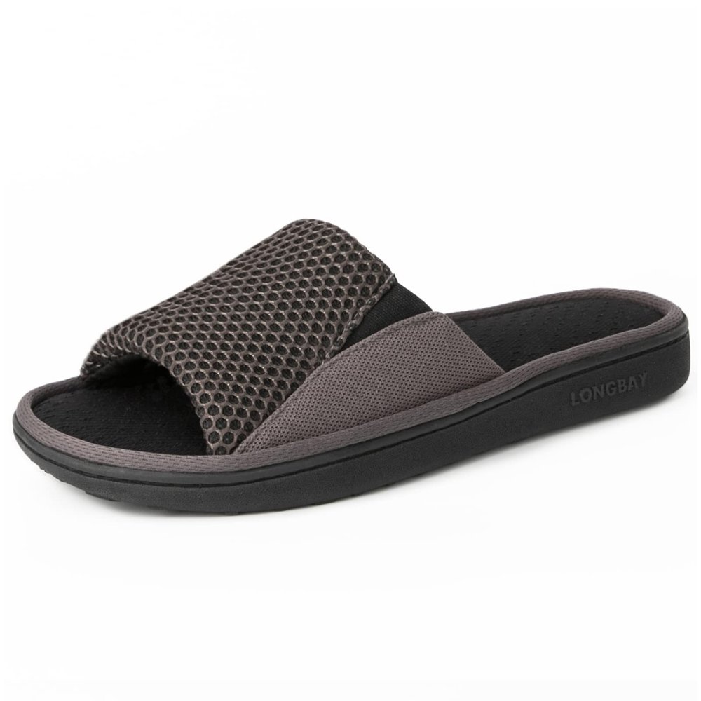 LongBay Men's Comfy Memory Foam Slide Slippers Breathable Mesh Cloth House Shoes (Small / 7-8 D(M) US, Gray)