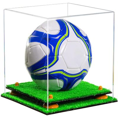Better Display Cases Acrylic Display Case for Collectibles, Full Size Soccer Ball Display Case, Orange Risers & Turf Base, Handcrafted Showcase Box.DIM;9.75" L x 9.75" W x 9.75" H. (A027-OR)