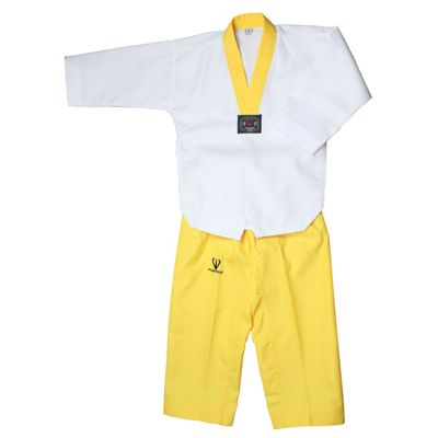 Taekwondo Poom Uniform Yellow V-Neck and Yellow Pants Martial Arts MMA TKD Karate Judo Hapkido (110(Height: 100~110cm)(39.3~43.3 inch))