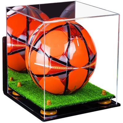 Better Display Cases Acrylic Display Case for Collectibles, Full Size Soccer Ball Display Case, Orange Risers & Turf Base, Handcrafted Showcase Box.DIM;9.75" L x 9.75" W x 9.75" H. (A027-OR)