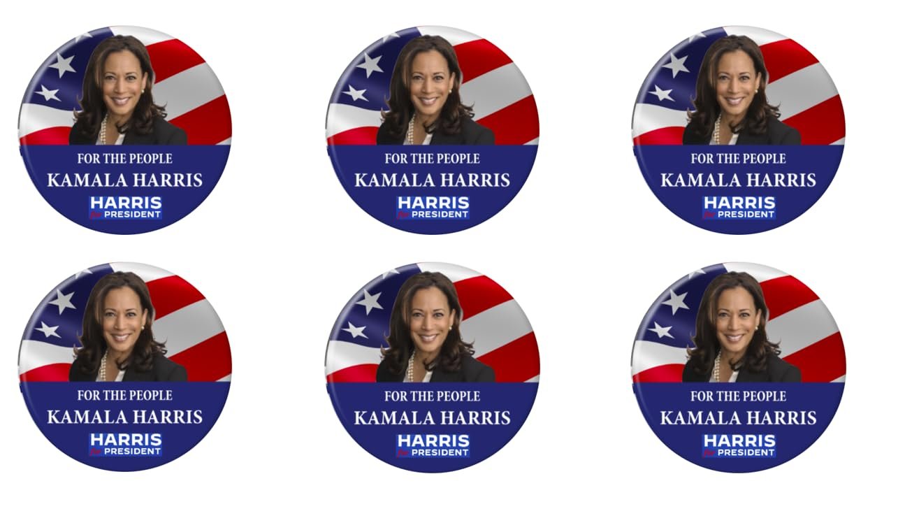Kamala Harris for President 2024 Buttons - Kamala with Flag - Package of 6 pins Buy 2 Sets GET 1 Free!