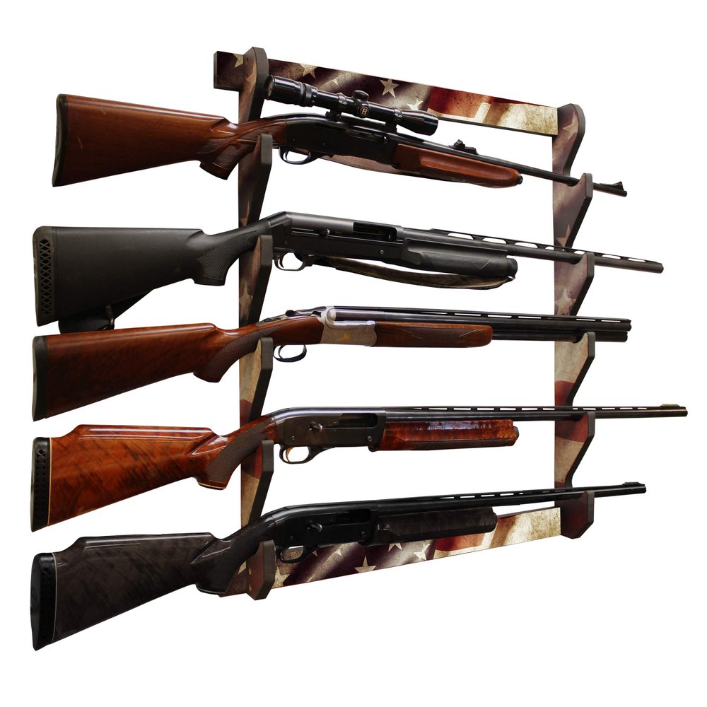 Rush Creek Creations Indoor Wood Wall Gun Rack for up to 5 Rifles or Shotguns, 5-Gun Wall-Mount Long Gun Display Rack with EVA Padded Grooves and Mounting Hardware, Americana