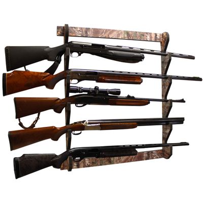 Rush Creek Creations Indoor Wood Wall Gun Rack for up to 5 Rifles or Shotguns, 5-Gun Wall-Mount Long Gun Display Rack with EVA Padded Grooves and Mounting Hardware, Camo