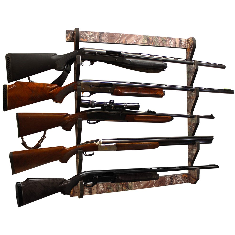 Rush Creek Creations Indoor Wood Wall Gun Rack for up to 5 Rifles or Shotguns, 5-Gun Wall-Mount Long Gun Display Rack with EVA Padded Grooves and Mounting Hardware, Camo