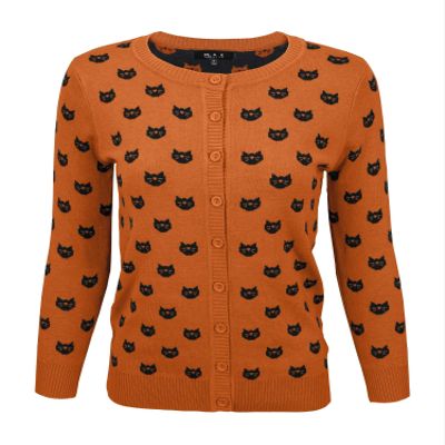 YEMAK Women's Knit Cardigan Sweater  3/4 Sleeve Button Down Crewneck Cute Cat Pattern Casual Lightweight Knitted Top MK3466-DOR/BLK-M