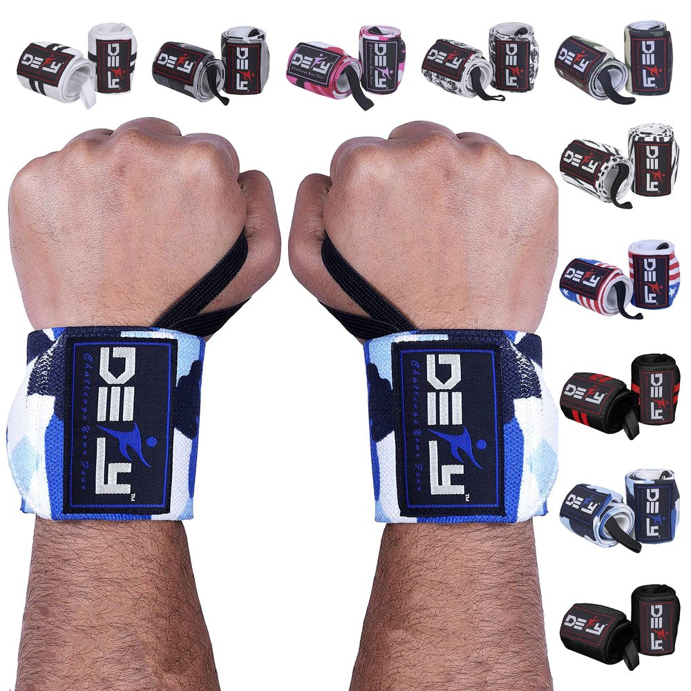 DEFY 18 Weightlifting Wrist Wraps Professional Fitness Wrist Wraps for Men & Women with Thumb Loop - Wrist Support for Weightlifting, Strength Training, Powerlifting & Bodybuilding (Blue Camo)