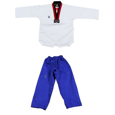 Taekwondo Poom Uniform Poom V-Neck and Blue Pants Martial Arts MMA TKD Karate Judo Hapkido (150(Height: 140~150cm)(55.1~59.0 inch))