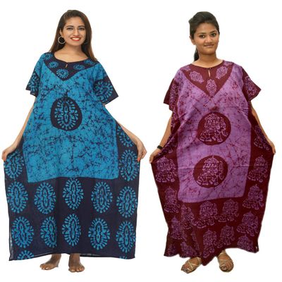 Odishabazaar Cotton Caftan/Kaftan Combo 2 Indian Cotton Batik Bohemian Long Dress (combo-58)