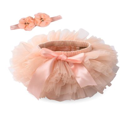 Baby Girls Tutu Bloomers Diaper Cover Cotton Tulle Bloomers and Headband Set Peach 3-6 Month
