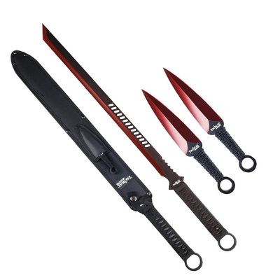 Tactical Master 3 Piece Stainless Steel Decorative Machete and Knife Set with Sheath Outdoor Utility and Camping Display Collection for Adventure Enthusiasts and Collectors - Red-24