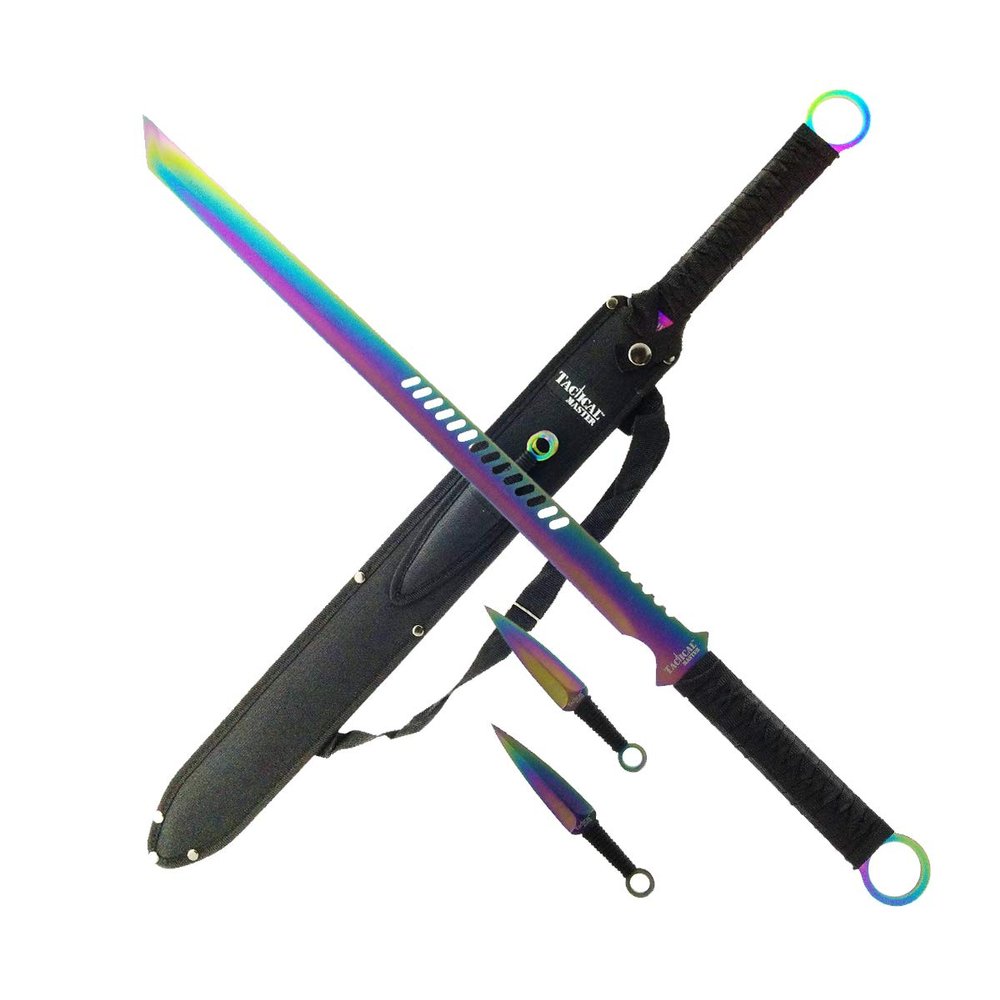 Tactical Master 3 Piece Stainless Steel Decorative Machete and Knife Set with Sheath Outdoor Utility and Camping Display Collection for Adventure Enthusiasts and Collectors - Rainbow-24