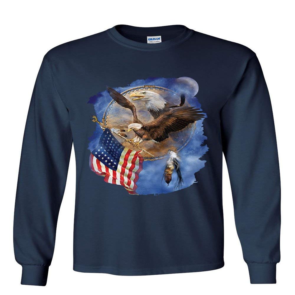 American Bald Eagle Holding a Flag Long Sleeve T-Shirt Patriot Dreamcatcher Tee Navy Blue 3X-Large