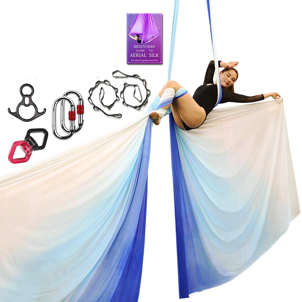 Aerial Silks Deluxe Equipment Set for Aerial Yoga, Aerial Yoga Hammock, Aerial Acrobatic,Circus Arts, Aerial Dance(L:10m W:2.8m (Gradual Change Blue)