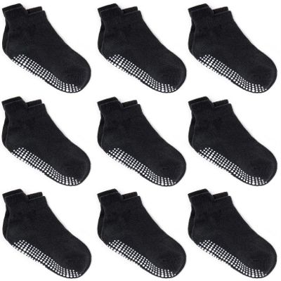 ZAPLES Baby Non Slip Grip Ankle Socks with Non Skid Soles for Infants Toddlers Kids Boys Girls, Black, 6-12 Months