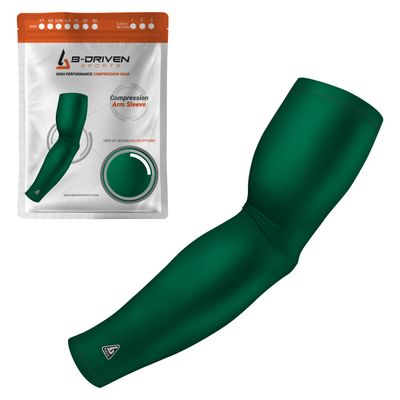 B-Driven Sports Pro-Fit Compression Arm Sleeve - Athletic Sports Support for Baseball, Basketball, Football, Softball, Running, Volleyball, Men, Women, Youth - Green S/M (Adult) (1pc)