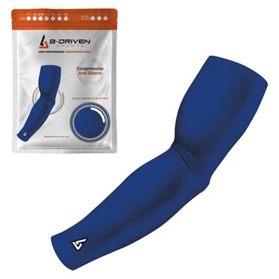 B-Driven Sports Pro-Fit Compression Arm Sleeve - Athletic Sports Support for Baseball, Basketball, Football, Softball, Running, Volleyball, Men, Women, Youth - Blue 287 S/M (Adult) (1pc)