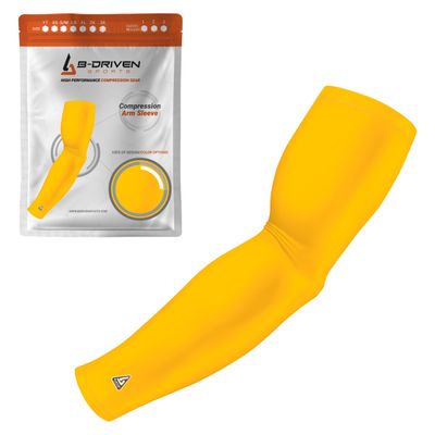 B-Driven Sports Pro-Fit Compression Arm Sleeve - Athletic Sports Support for Baseball, Basketball, Football, Softball, Running, Volleyball, Men, Women, Youth - Bright Yellow XXXX-S (Youth S) (1pc)