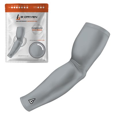 B-Driven Sports Pro-Fit Compression Arm Sleeve - Athletic Sports Support for Baseball, Basketball, Football, Softball, Running, Volleyball, Men, Women, Youth - Grey 429 XXXX-S (Youth S) (1pc)