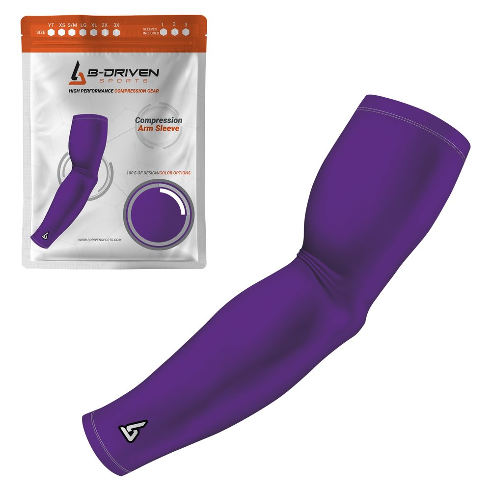 B-Driven Sports Pro-Fit Compression Arm Sleeve - Athletic Sports Support for Baseball, Basketball, Football, Softball, Running, Volleyball, Men, Women, Youth - Purple 268 S/M (Adult) (1pc)
