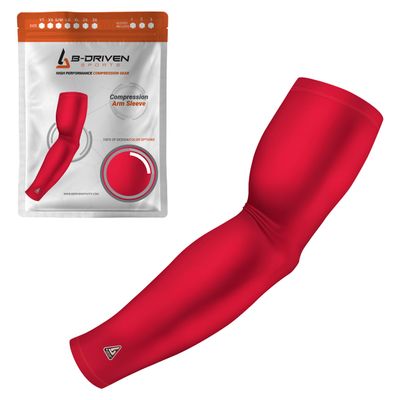 B-Driven Sports Pro-Fit Compression Arm Sleeve - Athletic Sports Support for Baseball, Basketball, Football, Softball, Running, Volleyball, Men, Women, Youth - Red 201 XX-S (Youth L) (1pc)