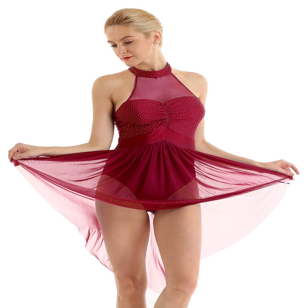 inlzdz Women's Lyrical Modern Contemporary Ballet Dance Irregular High Low Dress Leotard Dancewear Wine Red Large