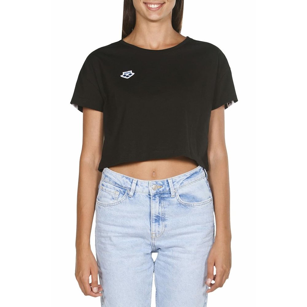ARENA Womens Icons Corinne Team Crop T-Shirt Short Sleeve Loose Fit Cotton Active Top Cozy Crew Neck Workout Tee, Black/White Logo, Small