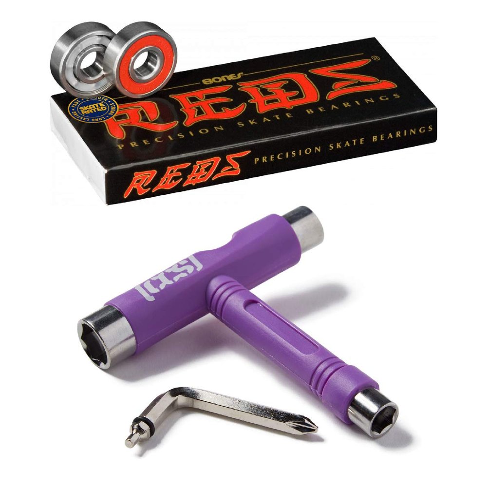 Bones Reds Bearings with CCS Skateboard Tool (Bones Reds W/Purple CCS Skate Tool)