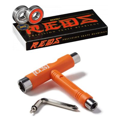 Bones Reds Bearings with CCS Skateboard Tool (Bones Reds W/Orange CCS Skate Tool)