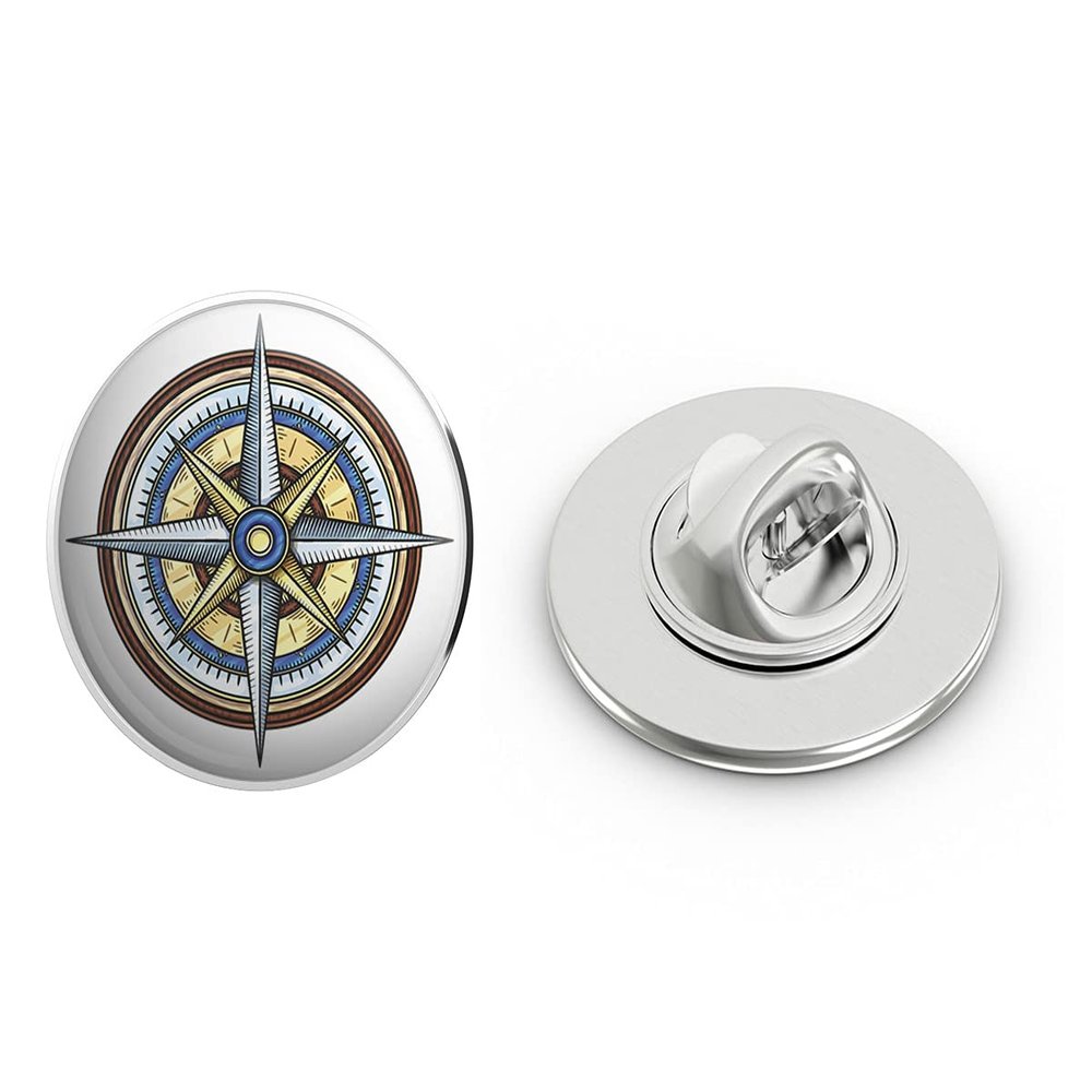 Cool Simple Vintage Warm Adventure Compass Cartoon Round Metal 0.75" Lapel Pin Hat Shirt Pin Tie Tack Pinback