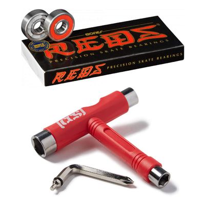 Bones Reds Bearings with CCS Skateboard Tool (Bones Reds W/Red CCS Skate Tool)